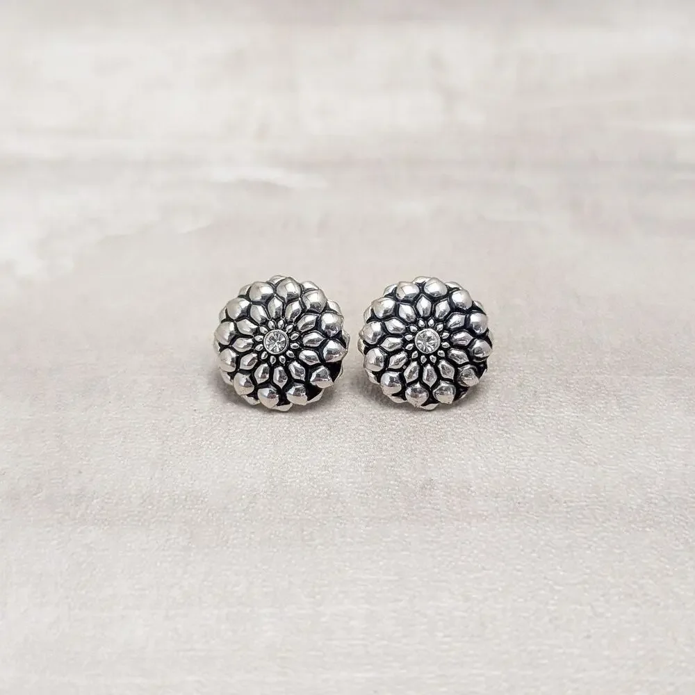 Vintage Clip On Earrings Silver Tone Flower with Black Detail & Clear Gem 5/8